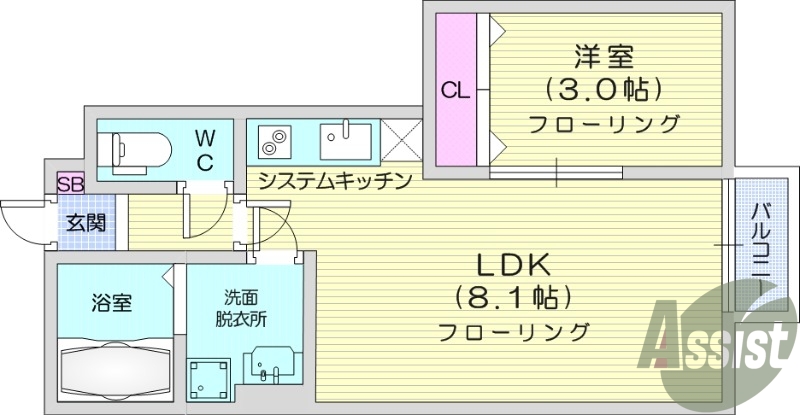 1LDK、バルコニー、システムキッチン、追い焚き、浴室乾燥機