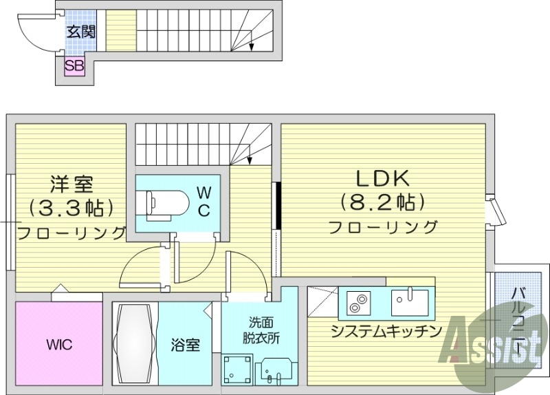 1LDK、バルコニー、システムキッチン、追い焚き、浴室乾燥機