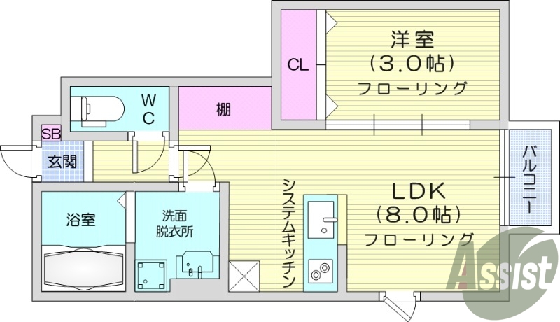 1LDK、バルコニー、システムキッチン、浴室乾燥機、追い焚き