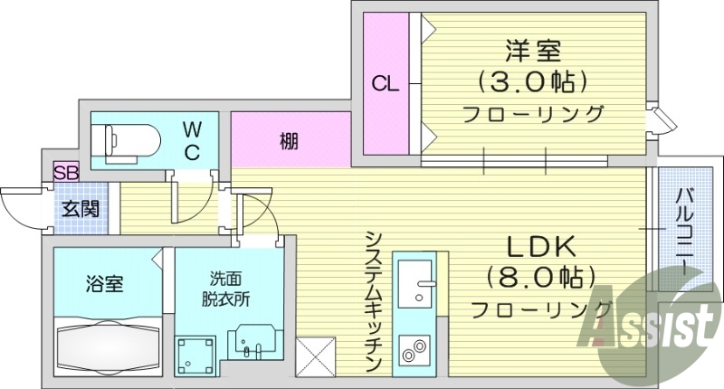 1LDK、バルコニー、システムキッチン、浴室乾燥機、追い焚き
