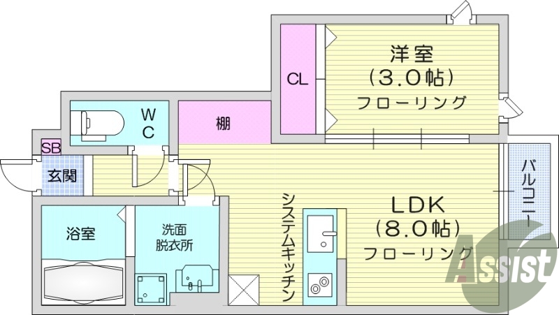 1LDK、バルコニー、システムキッチン、浴室乾燥機、追い焚き