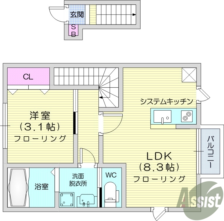 1LDK、バルコニー、システムキッチン、浴室乾燥機、追い焚き