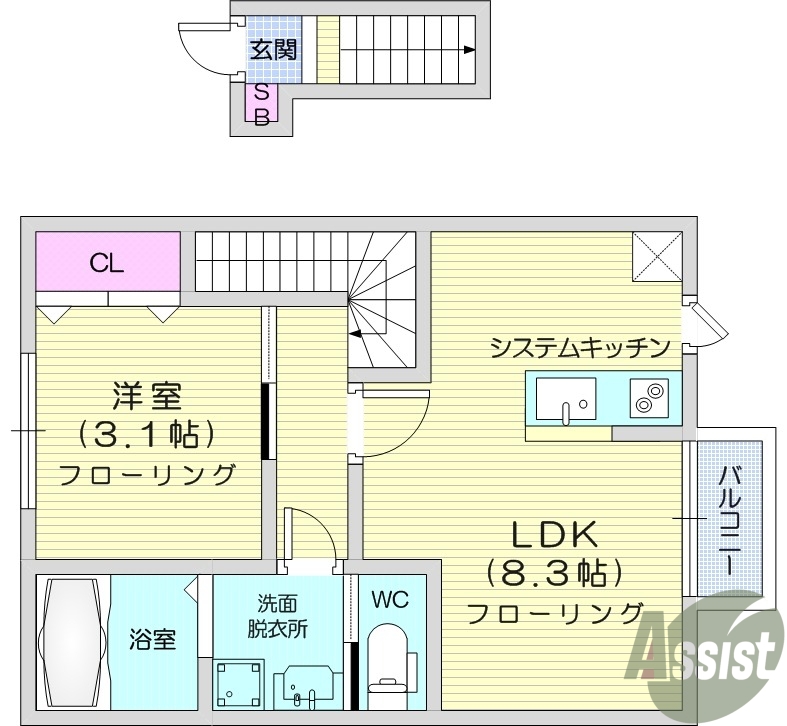 1LDK、バルコニー、システムキッチン、浴室乾燥機、追い焚き