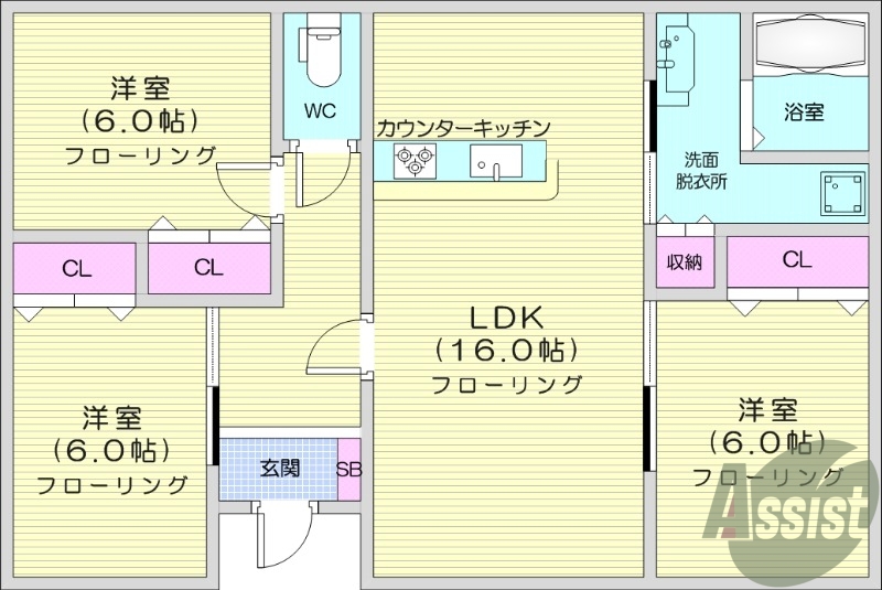 ３LDK、独立洗面台、エアコン、物置、収納