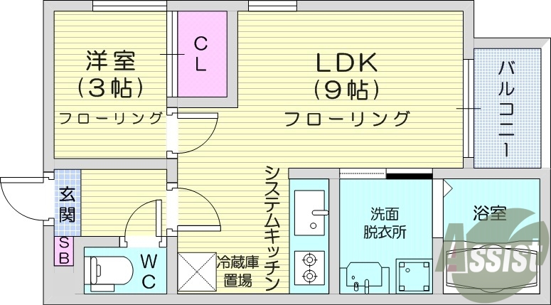 １LDK、浴室乾燥機、室内洗濯機置場、システムキッチン