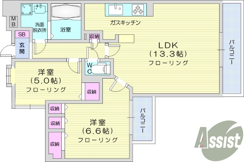 2LDK、角部屋、宅配ボックス、防犯カメラ