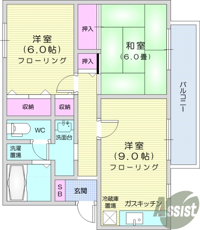 2LDK、角部屋、追い焚き機能、バルコニー。