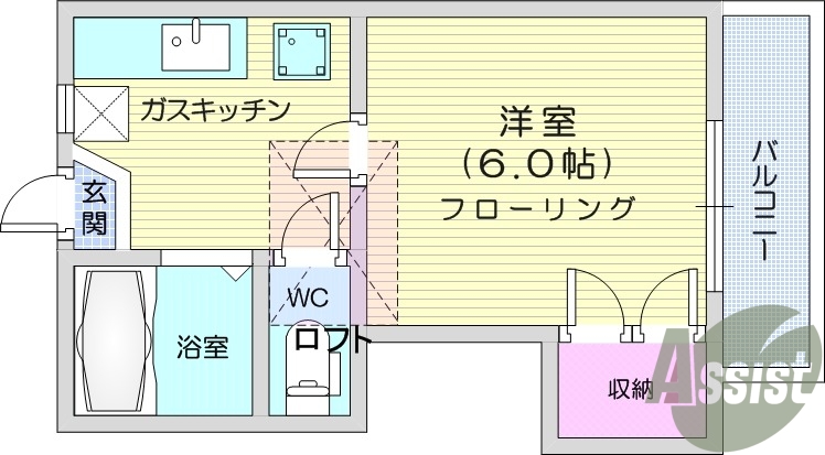 1K、ロフト付き、インターネット無料、モニタ付インターホン