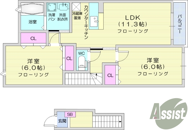 2LDK、南向き、独立洗面台、浴室乾燥、バストイレ別