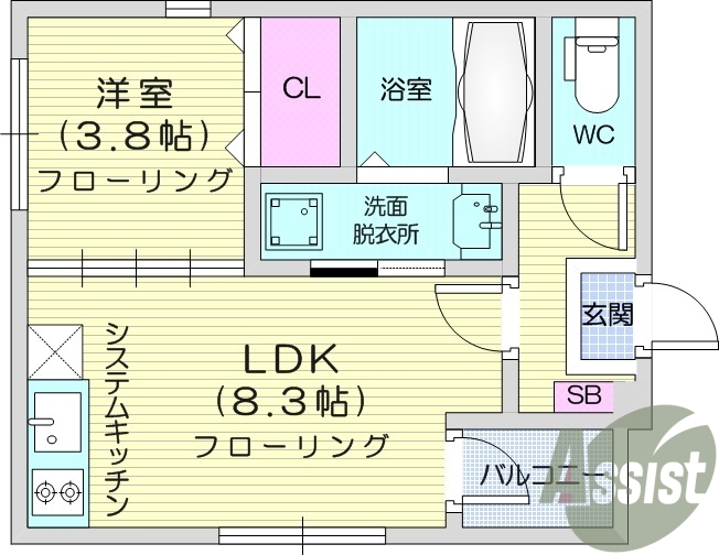 1LDK、フローリング、バストイレ別、エアコン。