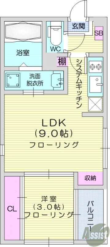 1LDK、フローリング、バストイレ別、エアコン。