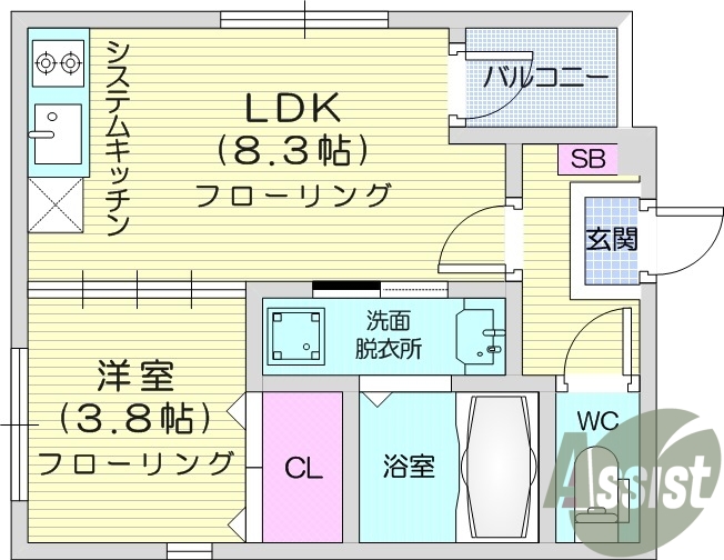 1LDK、フローリング、バストイレ別、エアコン。