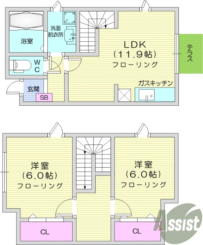 2LDK、メゾネット、追い焚き給湯、テラス、モニターホン