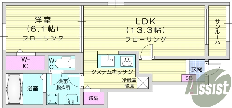 1LDK、サンルーム、ホームセキュリティ、浴室乾燥機、南向き