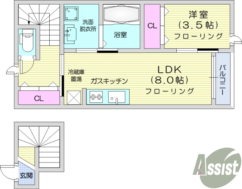 1LDK、浴室乾燥機、宅配BOX、エアコン。