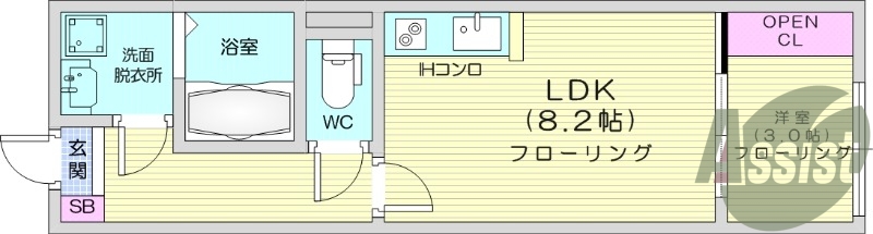 1LDK、都市ガス、IH、浴室乾燥、追炊き機能