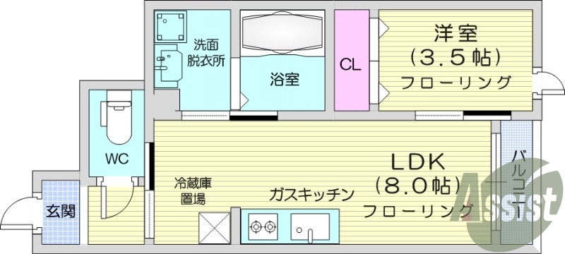 1LDK、浴室乾燥機、宅配BOX、エアコン。