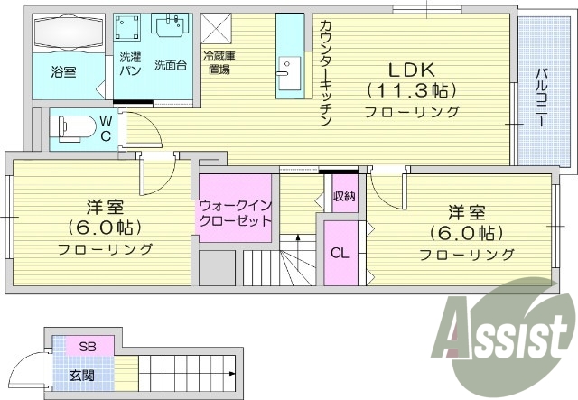 2LDK、エアコン2台、モニターホン、WIC