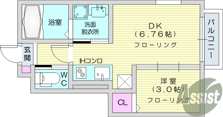 1LDK、エアコン、室内洗濯機置場、バストイレ別、収納