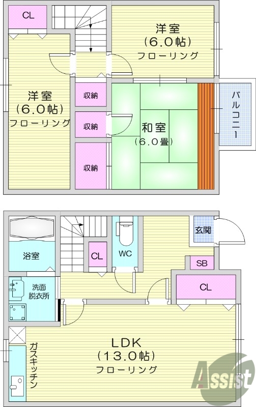 3LDK、バス・トイレ別、メゾネットタイプ、エアコン付き