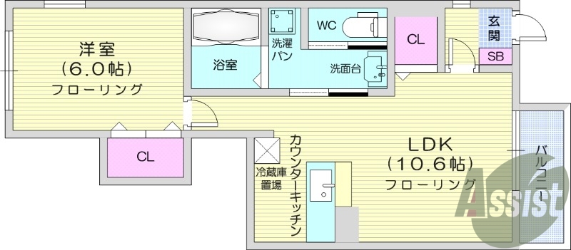 1LDK、南向き、カウンターキッチン、エアコン、温水洗浄便座