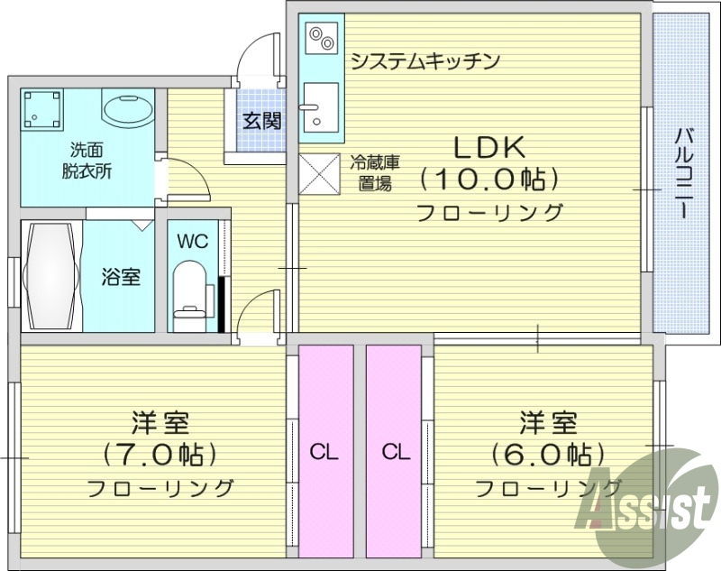 2LDK、オール電化、システムキッチン、バルコニー