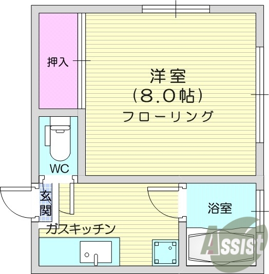 1K、バストイレ別、南向き、追い炊き給湯、角部屋