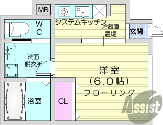 １K、インターネット使用料不要、システムキッチン