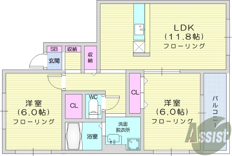 2LDK、角部屋、シャンプードレッサー、浴室乾燥機