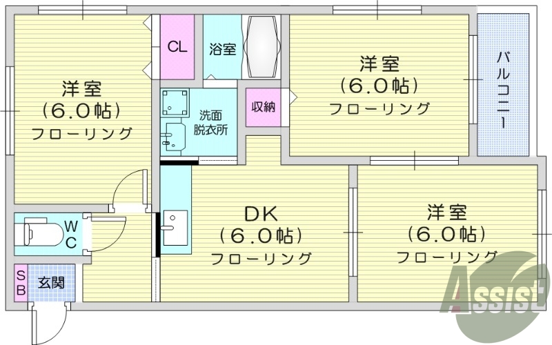 3DK、エアコン、室内洗濯機置き場、トイレ浴室別、収納