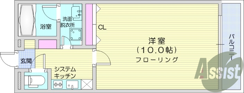 1Ｋ、洋室10帖、シャワー付き洗面台、室内洗濯機置き場