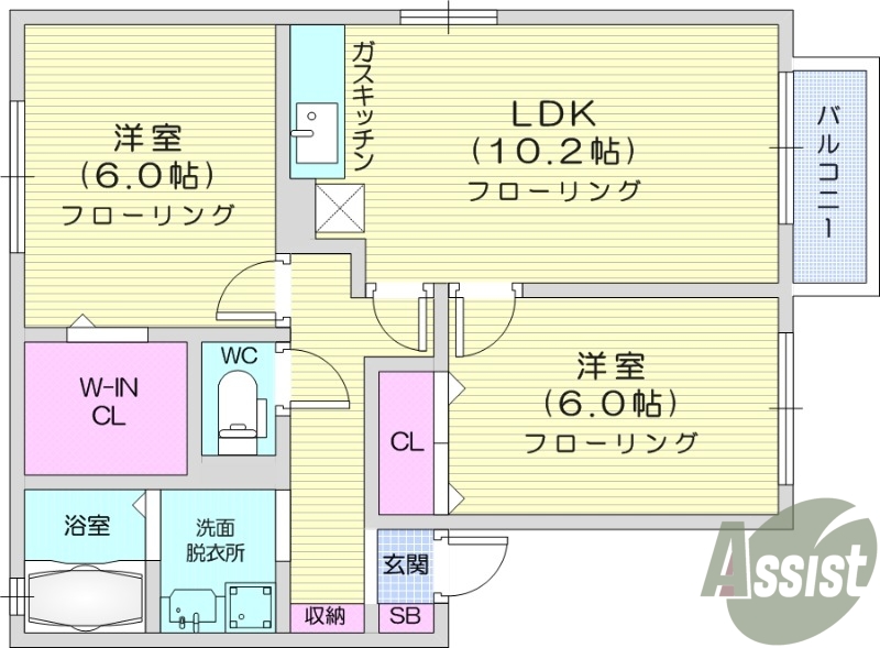 2LDK、エアコン、モニター付きインターホン