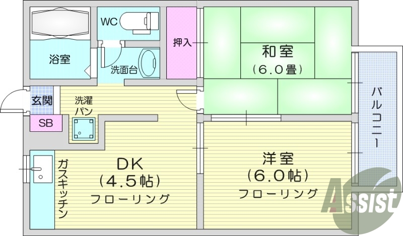 2DK、日当たり良好、追い焚き、シューズボックス