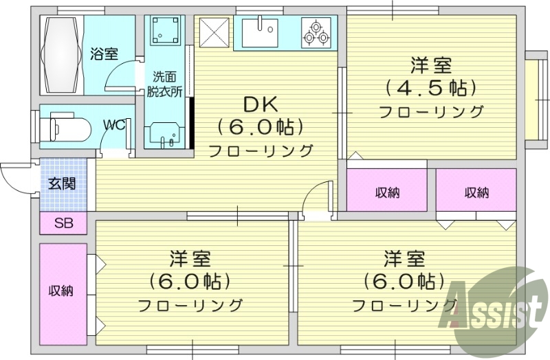 3DK、独立洗面台、システムキッチン　　　