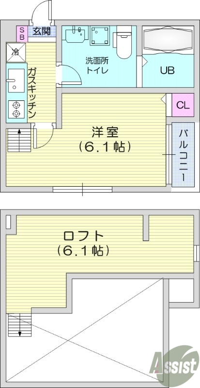 1K、ロフト、エアコン、室内洗濯機置き場、トイレ浴室別