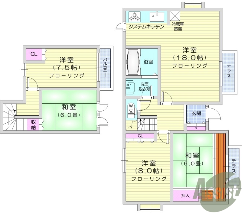 4LDK、都市ガス、戸建て、駐車場3台。