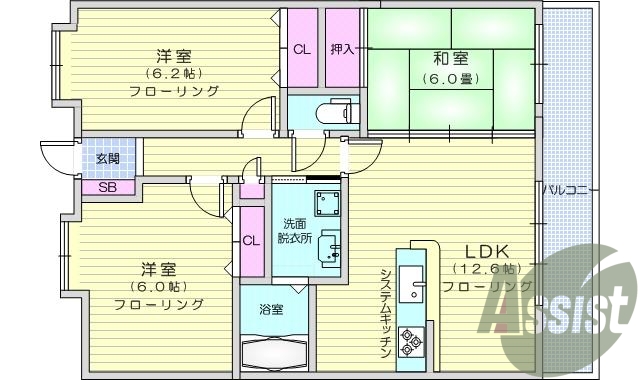 3LDK、システムキッチン、シューズボックス、フローリング