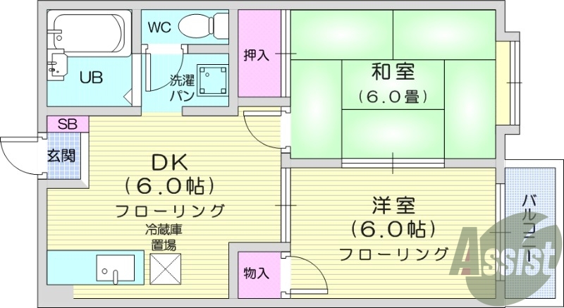 2DK、バストイレ別、南向き開口部、室内洗濯置場