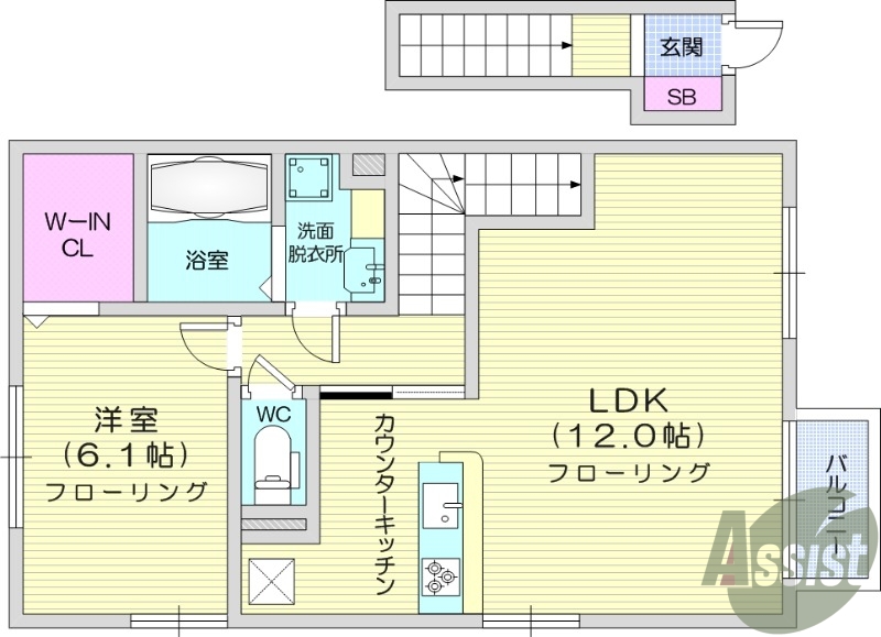 1LDK、ウォークインクローゼット、宅配BOX付き