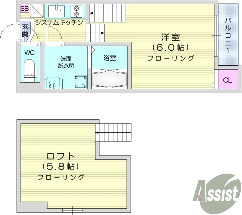 1K、バルコニーネット無料、室内物干、角部屋