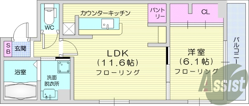 1LDK、パントリー、バルコニー、浴室乾燥機、都市ガス