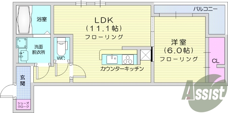 1LDK、パントリー、バルコニー、浴室乾燥機、都市ガス