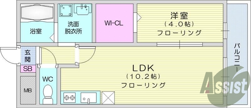 1LDK、バス・トイレ別、バルコニー、エアコン