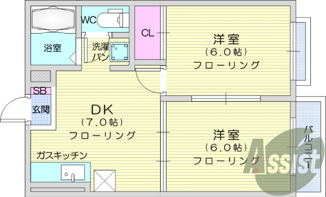 2DK、フローリング、エアコン、クローゼット