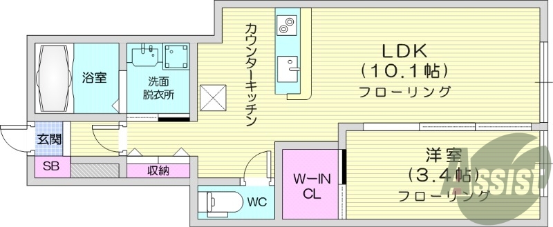 1LDK、フローリング、浴室乾燥機、ウォークインクローゼット