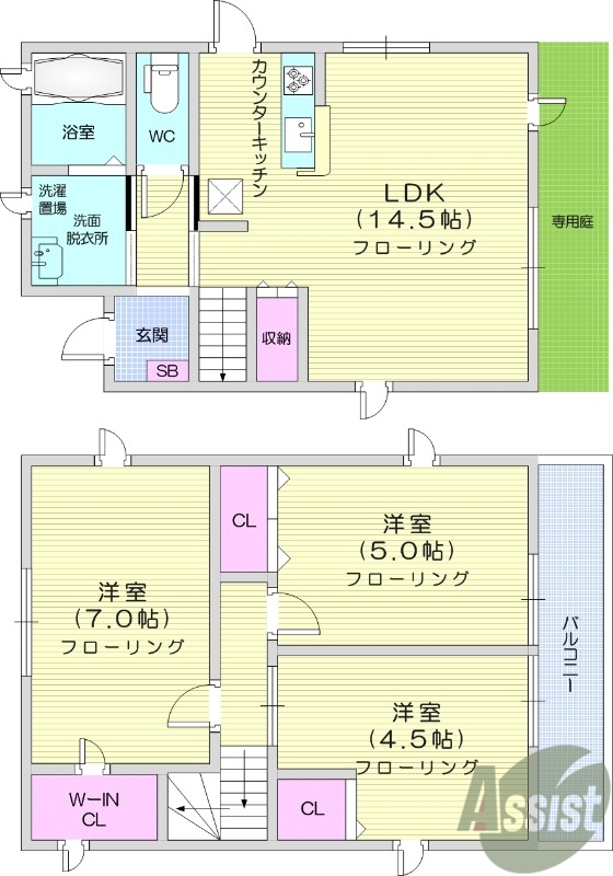 3LDK、ペット飼育可、戸建て、専用庭。