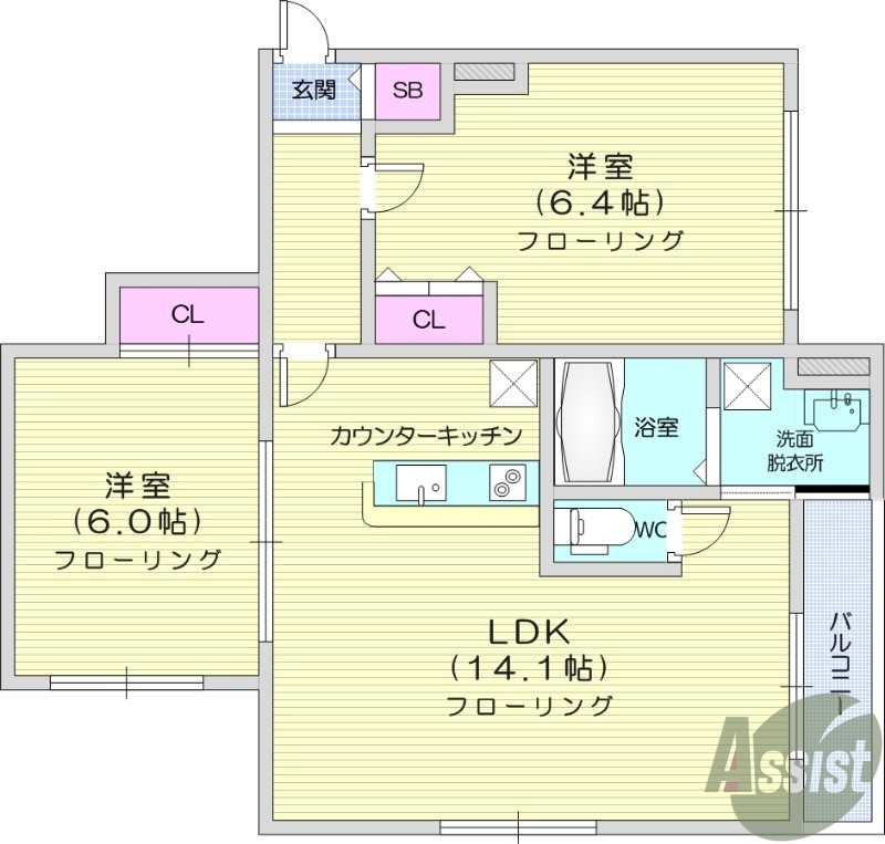 2LDK、防犯シャッター、エアコン2台付