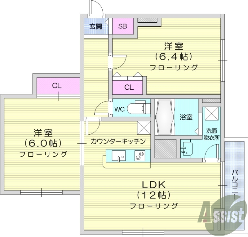 2LDK、防犯シャッター、エアコン2台付