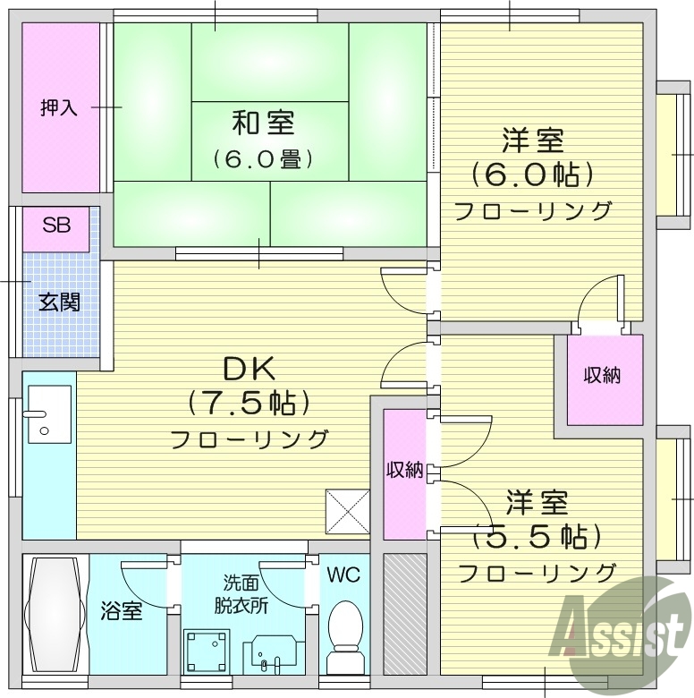 3DK、独立洗面台、光コンセントあり　　