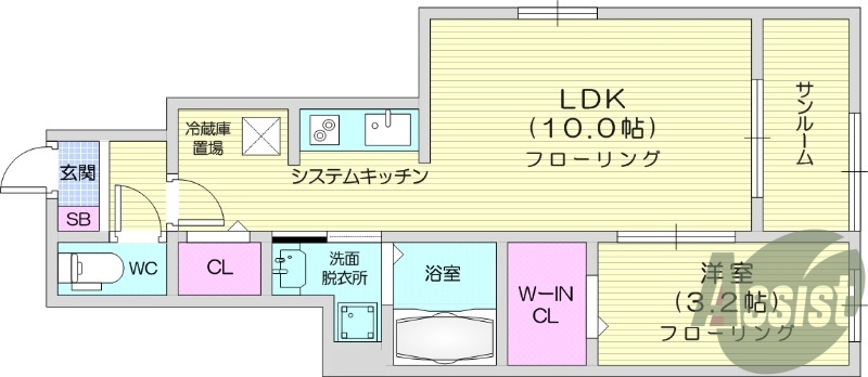 1LDK、都市ガス、ネット使用料不要、浴室乾燥機。